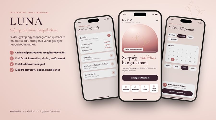 Példa látványterv: egy kitalált szépségszalon mobilos weboldala három telefonon