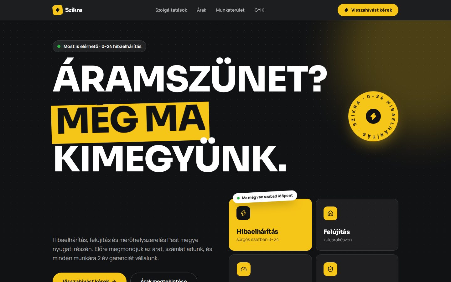 Szikra Villanyszerelés: a mintaoldal kezdőképernyője